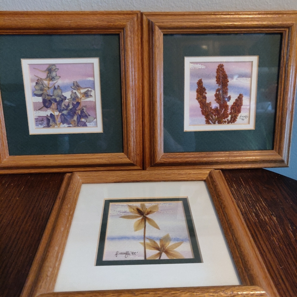 Original Signed Art Miniature Paintings (3) Set Matted Framed Glass Sally Wolfe